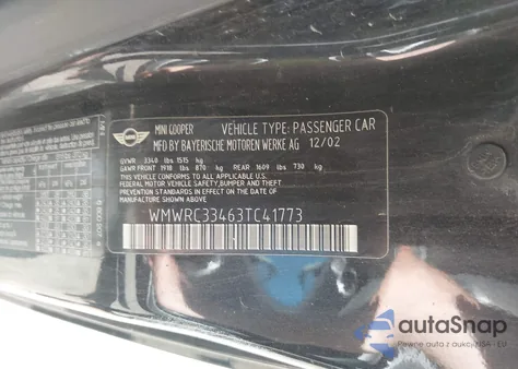 2003 Mini Cooper z USA, uszkodzony, nr VIN WMWRC33463TC41773